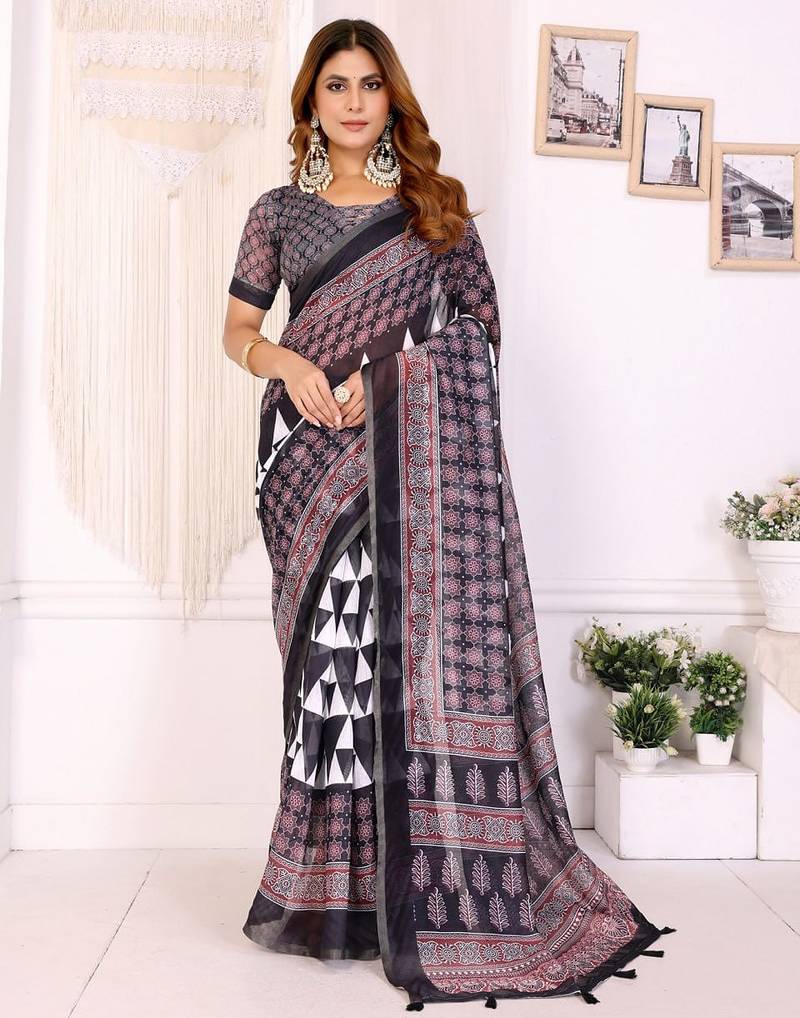 Black printed art silk designer pallu saree