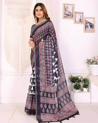 Black printed art silk designer pallu saree 2