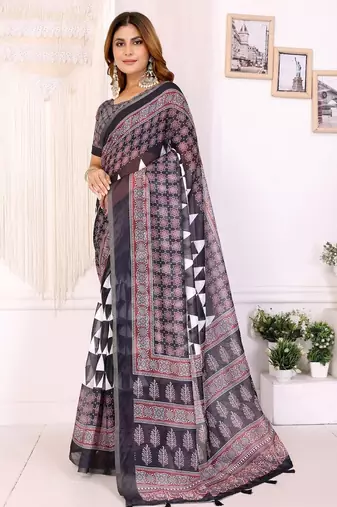 Black printed art silk designer pallu saree