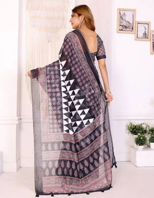 Black printed art silk designer pallu saree 3