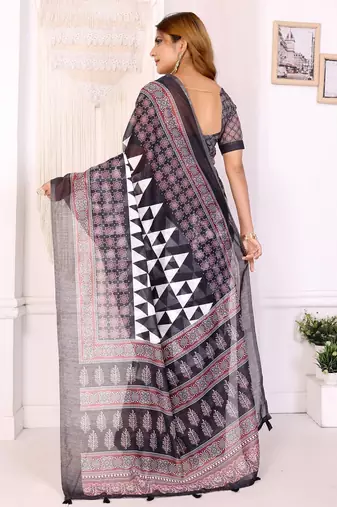 Black printed art silk designer pallu saree