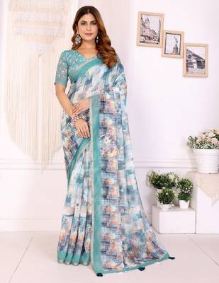 White printed art silk designer pallu saree 1