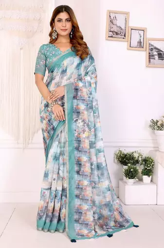White printed art silk designer pallu saree