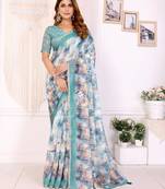White printed art silk designer pallu saree