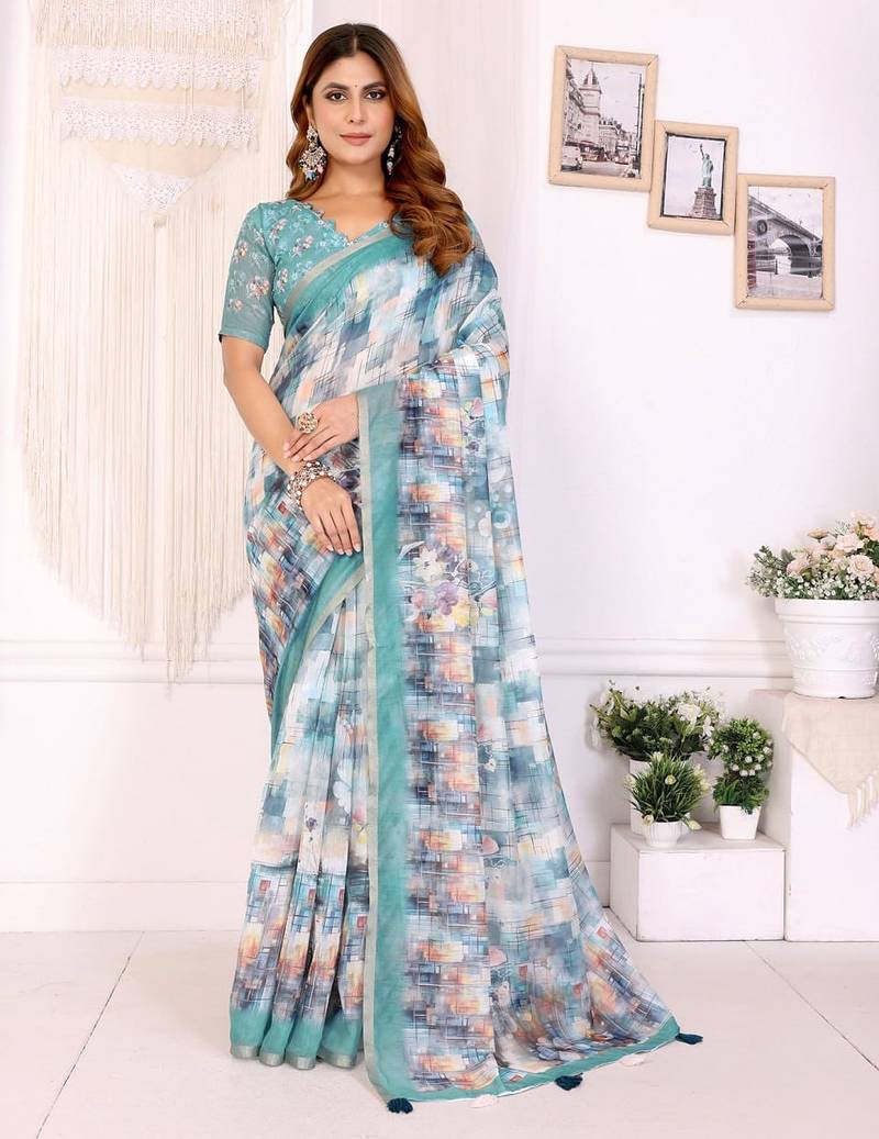 White printed art silk designer pallu saree