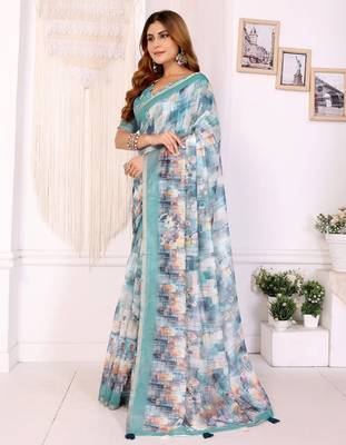White printed art silk designer pallu saree 2