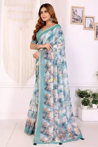 White printed art silk designer pallu saree