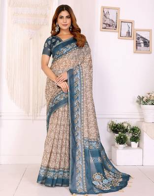 Brown printed art silk designer pallu saree 1