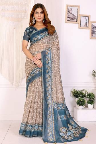 Brown printed art silk designer pallu saree