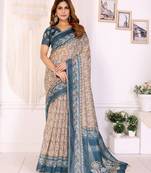 Brown printed art silk designer pallu saree
