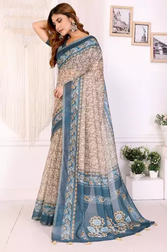 Brown printed art silk designer pallu saree