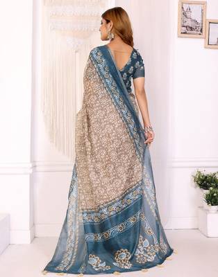 Brown printed art silk designer pallu saree 3