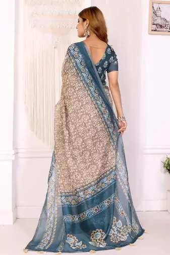 Brown printed art silk designer pallu saree