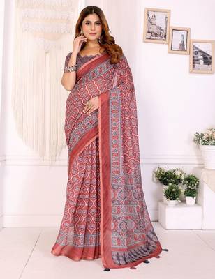 Orange printed art silk designer pallu saree 1