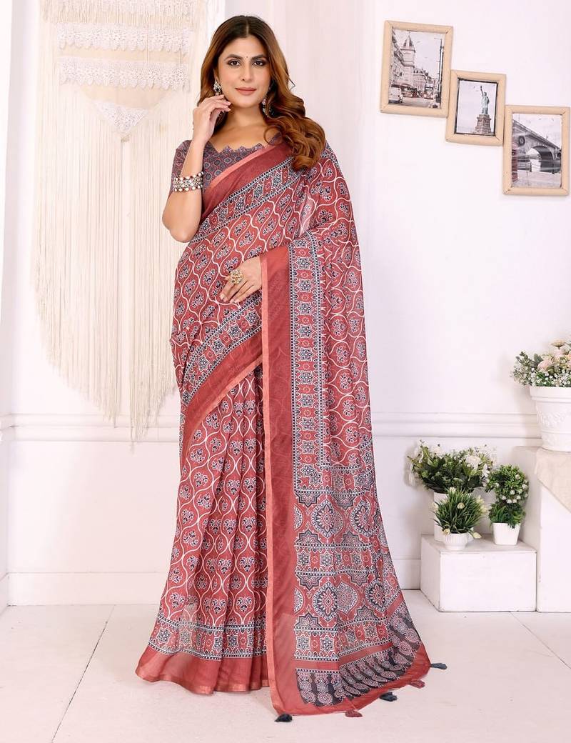 Orange printed art silk designer pallu saree