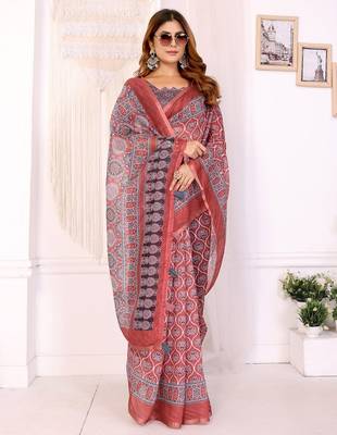 Orange printed art silk designer pallu saree 2