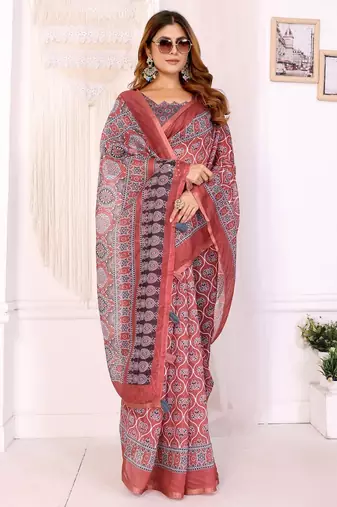 Orange printed art silk designer pallu saree