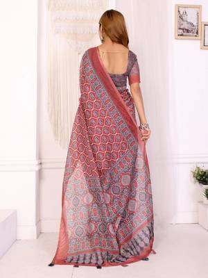 Orange printed art silk designer pallu saree 3