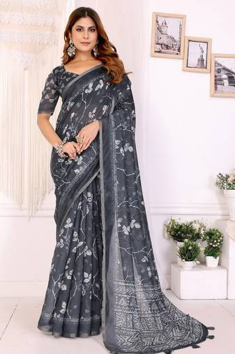 Black printed art silk designer pallu saree