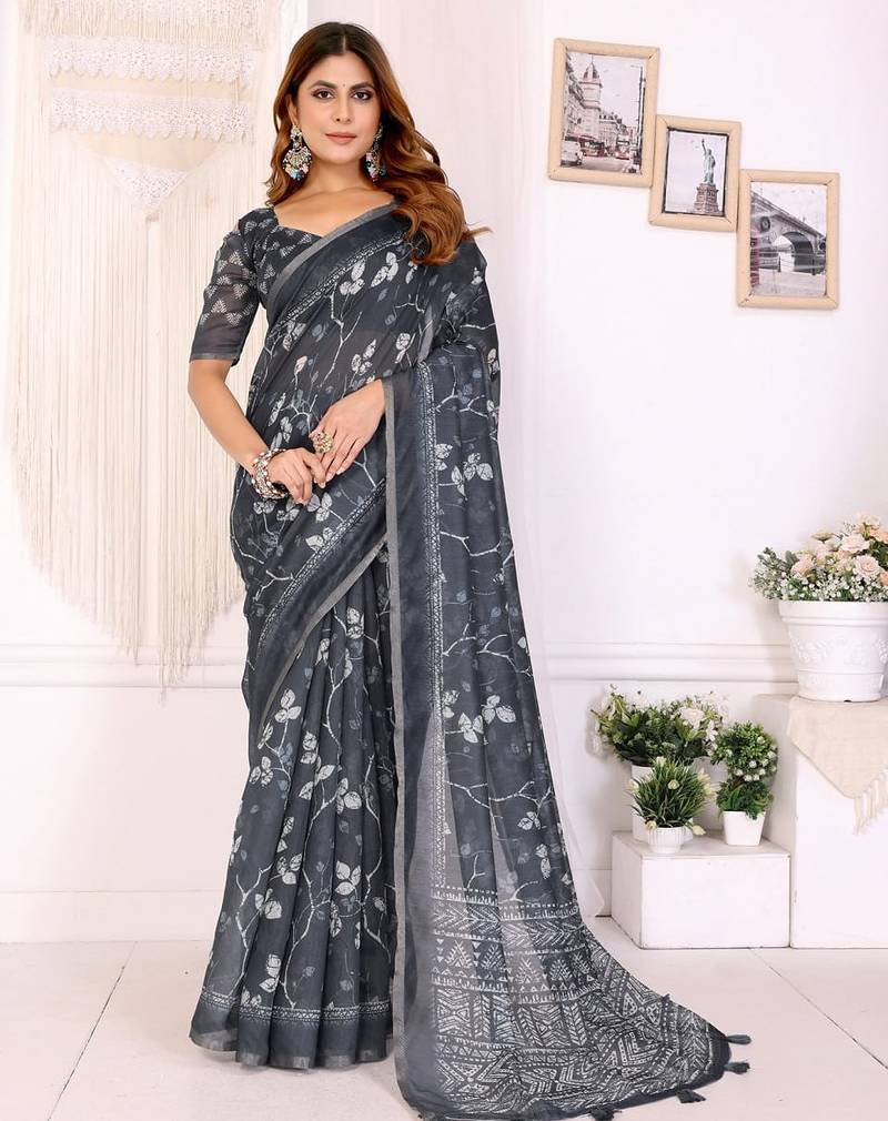 Black printed art silk designer pallu saree