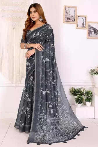 Black printed art silk designer pallu saree