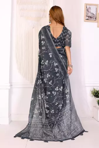 Black printed art silk designer pallu saree