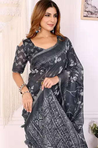 Black printed art silk designer pallu saree