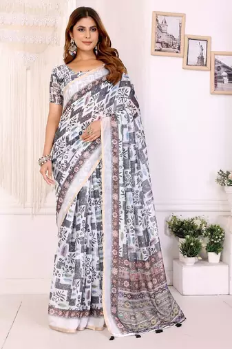 White printed art silk designer pallu saree