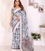 White printed art silk designer pallu saree