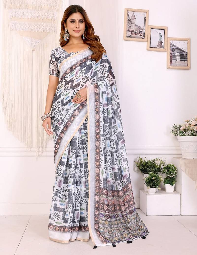 White printed art silk designer pallu saree