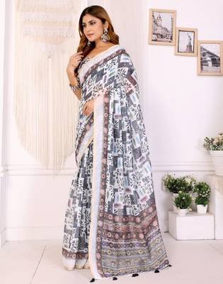 White printed art silk designer pallu saree 2