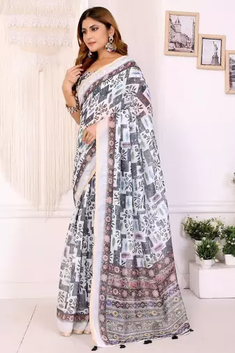 White printed art silk designer pallu saree