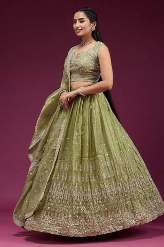 Olive green Embroidered Wedding Lehenga Choli with Dupatta.