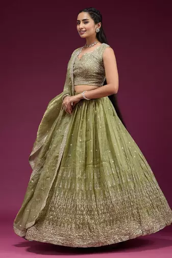 Olive green Embroidered Wedding Lehenga Choli with Dupatta.