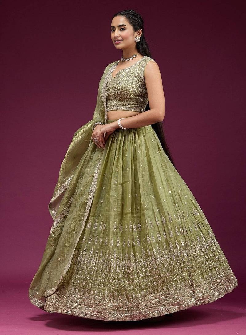 Olive green Embroidered Wedding Lehenga Choli with Dupatta.
