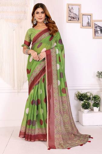 Parrot green printed art silk designer pallu saree