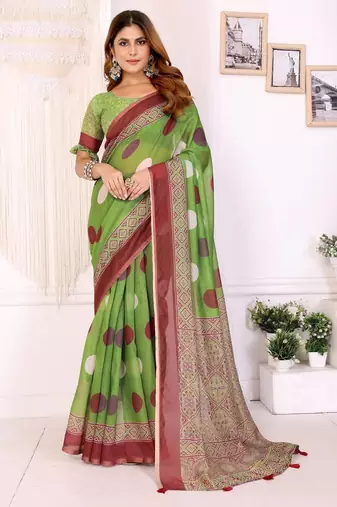 Parrot green printed art silk designer pallu saree