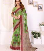 Parrot green printed art silk designer pallu saree