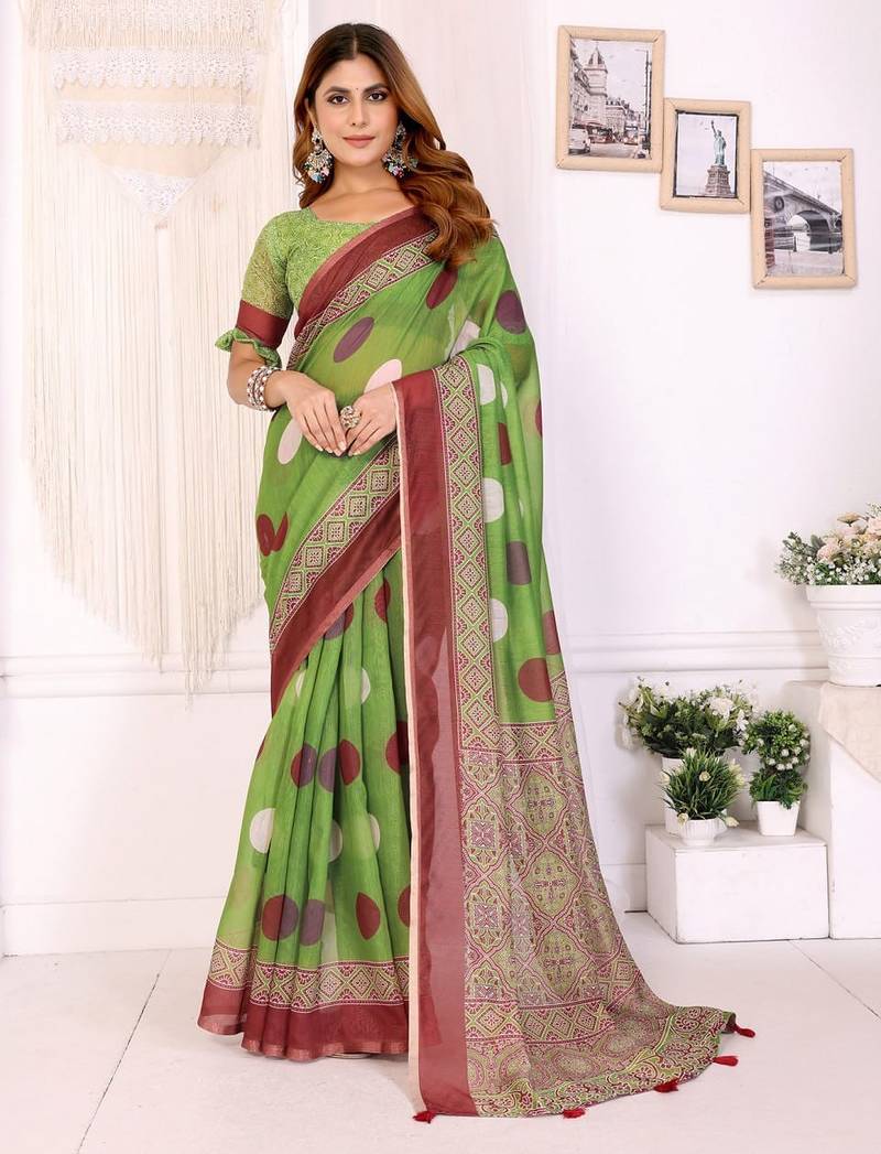 Parrot green printed art silk designer pallu saree