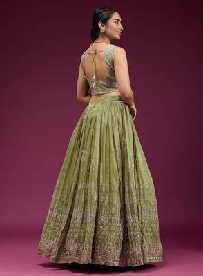 Olive green Embroidered Wedding Lehenga Choli with Dupatta. 2