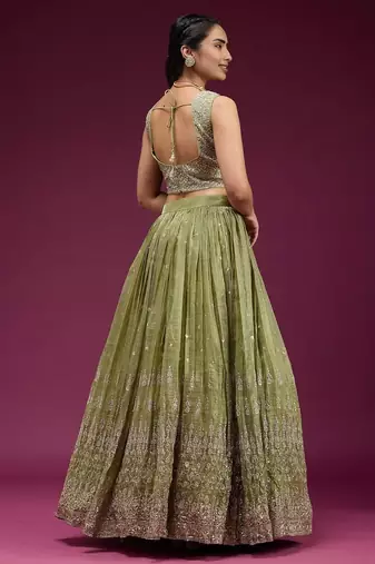 Olive green Embroidered Wedding Lehenga Choli with Dupatta.
