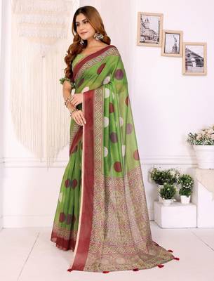 Parrot green printed art silk designer pallu saree 2