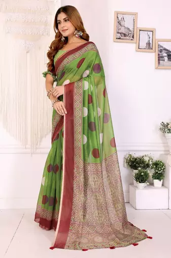 Parrot green printed art silk designer pallu saree