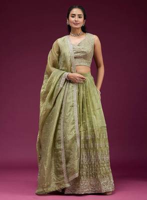 Olive green Embroidered Wedding Lehenga Choli with Dupatta. 3