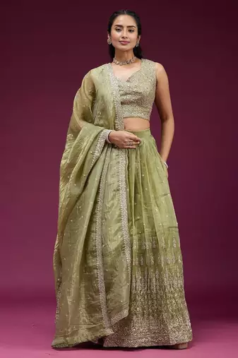 Olive green Embroidered Wedding Lehenga Choli with Dupatta.
