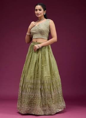 Olive green Embroidered Wedding Lehenga Choli with Dupatta. 4