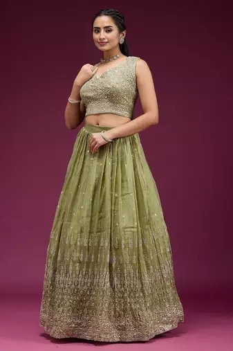 Olive green Embroidered Wedding Lehenga Choli with Dupatta.