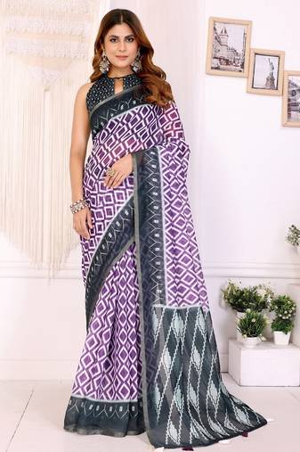 Purple printed art silk designer pallu saree