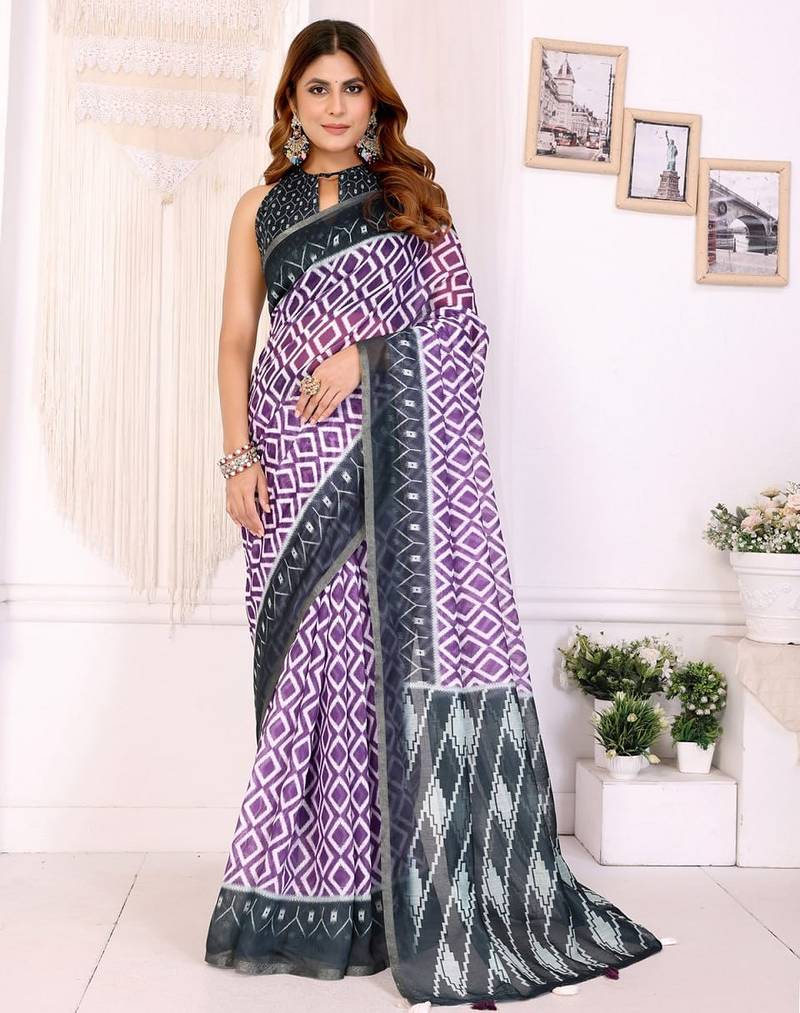 Purple printed art silk designer pallu saree