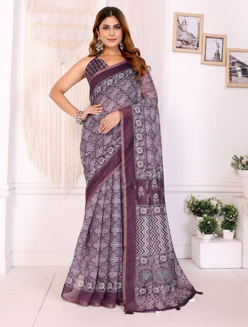 Wine printed art silk designer pallu saree